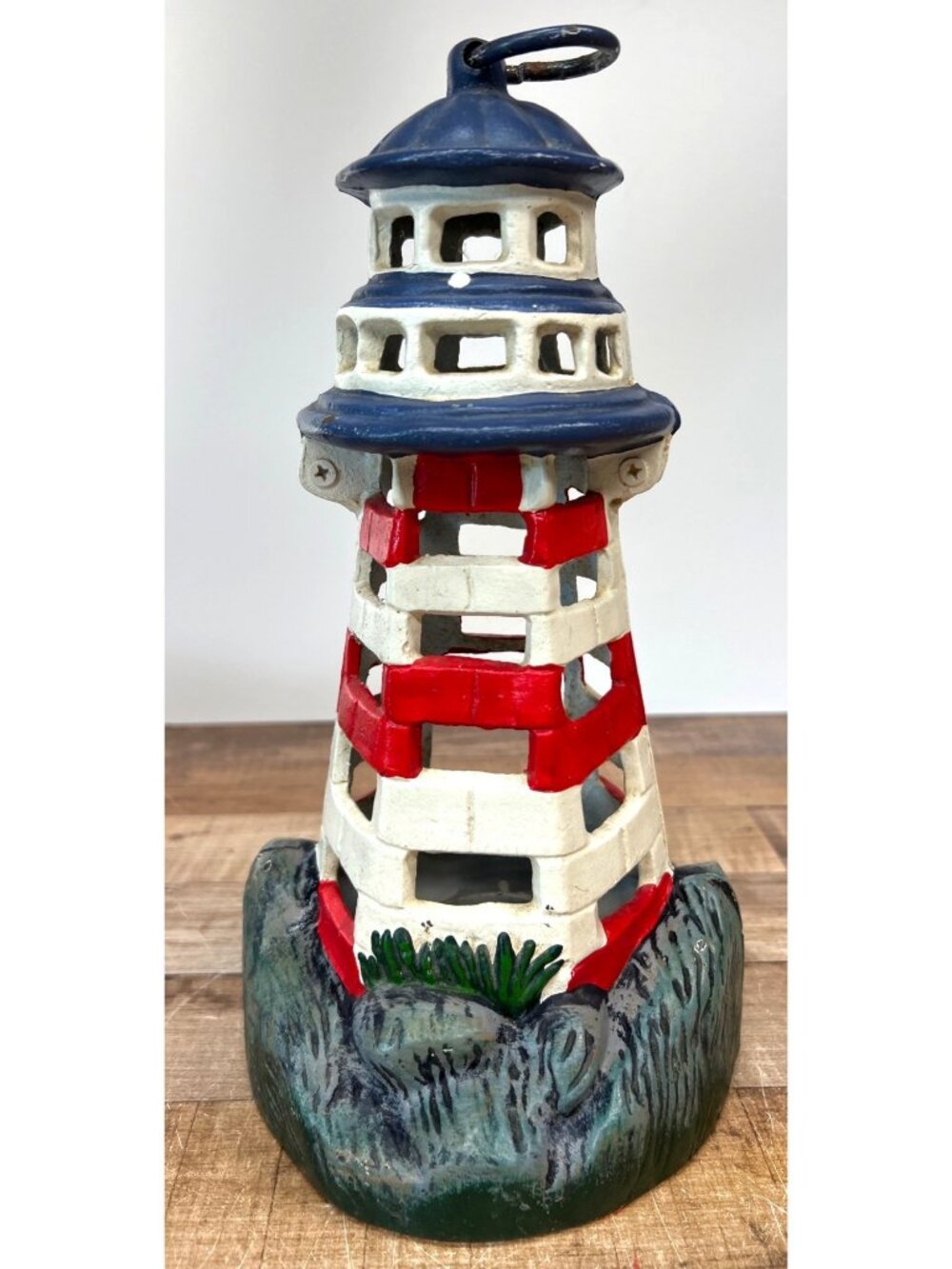 Vintage Cast Iron Lighthouse Candle Holder Red White & Blue Nautical Decor